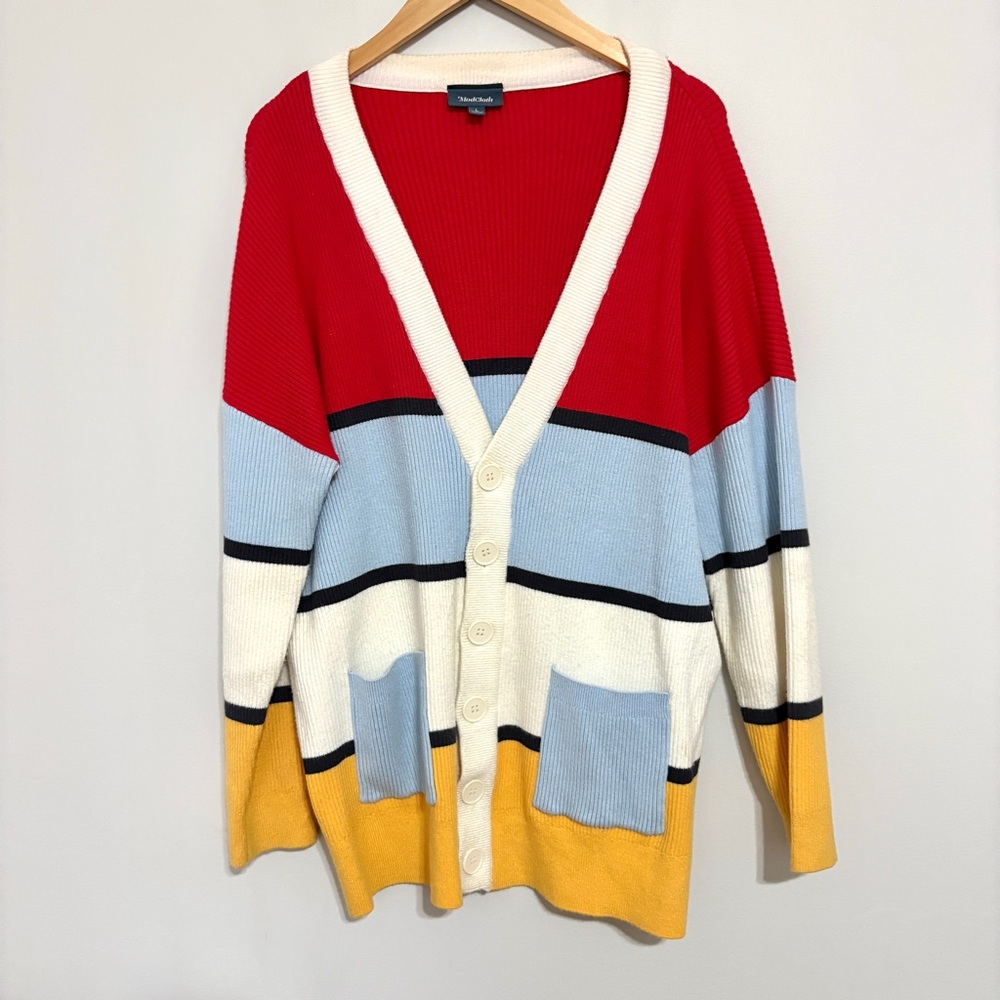 ModCloth Color-block Striped Women's Button Cardigan Knit Sweater Size Large - Picture 2 of 8